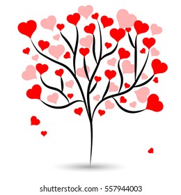 Beautiful love tree with hot red heart leaves different sizes on white background. Vector