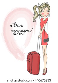 Beautiful, lovely blonde girl in a red dress with a suitcase standing on the background with the words Bon voyage.