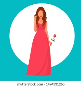 Beautiful lovely brunette girl is standing in a long evening red dress with a rose in her hand. Vector illustration on the theme of love.