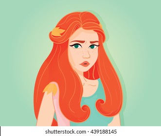 Beautiful lovely cartoon fantasy redhead woman character avatar. Can be used a part of design or a t-shirt print.  