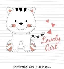 Beautiful lovely cat girl dreams of love. The background is made in the style of pink stripes with red hearts. Vector illustration drawn in flat style. Drawing can be applied to children's t-shirts.