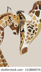 Beautiful lovely cute wonderful multicolor summer illustration of a baby giraffe with his giraffe mum vector. Perfect for textile, backgrounds, cards