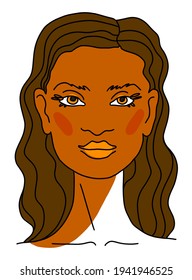 Beautiful Lovely feminine face Portrait Brunette woman with long brown Curly Hair. Line drawing. Sketch Vector illustration