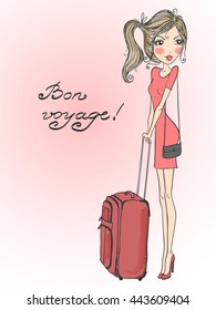 Beautiful, lovely girl in a red dress with a suitcase standing on the background with the words "Bon voyage!" (Have a good trip!).