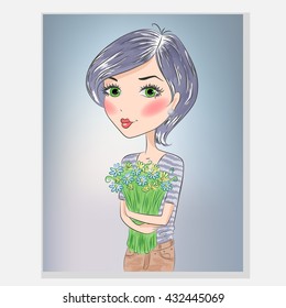 Beautiful, lovely girl with short hair holds a bouquet of daisies.