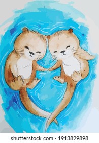 Beautiful and lovely otter family holding hands watercolor painting vector illustration