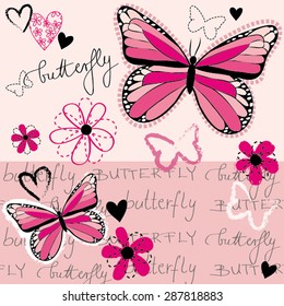 Beautiful Lovely Passion Pink Butterfly Pattern Fabric Special Handwriting Script Floral Flower Heart Love Summer Happy Vector Illustration