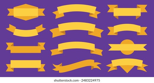 Beautiful   lovely ribbon, banner or tag vector art set. Flat gold color.
