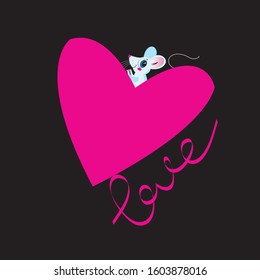 Beautiful lovers mouse with heart on dark background. Valentine's day card.