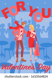 Beautiful loving couple is spending time together in modern cafe.They are having romantic rendezvous for celebrating Saint Valentine's Day. Flyer, postcard, invitation, poster, brochure, banner