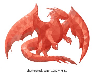 Beautiful low poly illustration with red dragon on white background