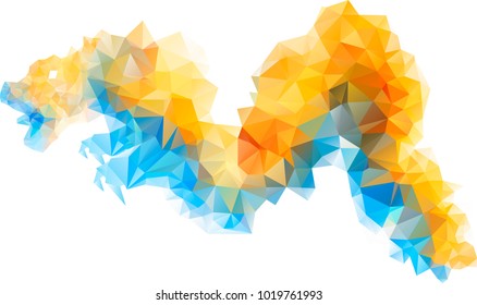 Beautiful low poly triangular gradient blue and yellow china dragon. The imitation of the watercolor art. Vector illustration isolated on white background.