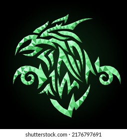 Hermosa ilustración vectorial de poli bajo con cabeza de ave vintage verde brillante en el fondo oscuro