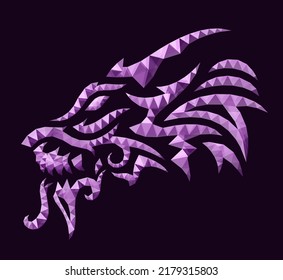 Beautiful low poly vector illustration with purple decorative scary dragon head on the dark background