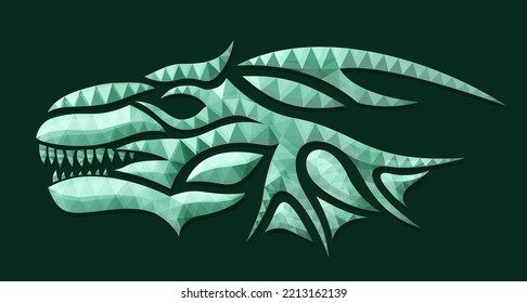 Beautiful low poly vector illustration with colorful green emerald decorative dragon head on the dark background