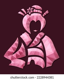 Beautiful low poly vector illustration with colorful pink traditional asian woman silhouette on the dark purple background