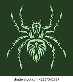 Hermosa ilustración vectorial de bajo poli con silueta de araña verde colorida aislada en el fondo oscuro