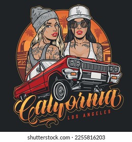 Beautiful lowrider girls flyer colorful car for street racing in Los Angeles and tattooed hot belle vector illustration svg
