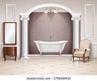 Beautiful luxurious bathroom interior with victorian columns furniture and white clawfoot bathtub realistic design vector illustration