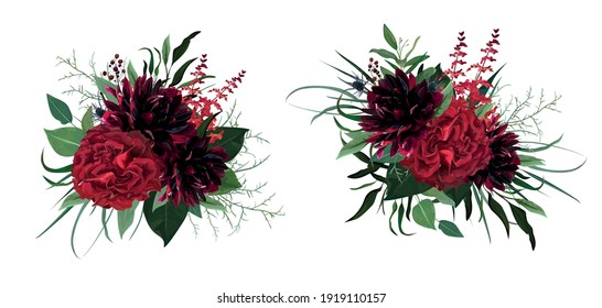 Beautiful luxurious burgundy red, green watercolor style vector bouquet. Garden roses, dahlia flower, greenery eucalyptus leaves, herbs, thistle, berry lovely, editable, designer element illustration 