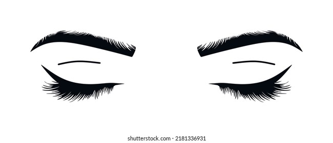 Beautiful luxurious female closed eyes with eyebrows and lush eyelashes. Business card idea, vector typography. closed eye for your design. Perfect design for a beauty salon