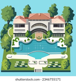 Beautiful luxurious villa on two floors with a swimming pool and landscaping Vector