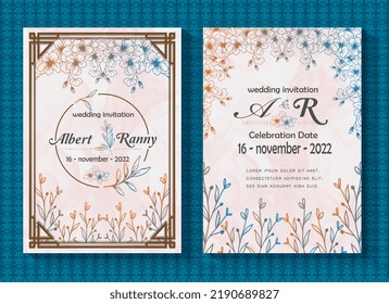 beautiful and luxurious wedding invitation card template, border pattern frame design, floral and leaf outline decoration, on a white background decorated with watercolors