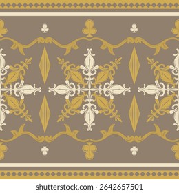 Beautiful Luxury Artwork Elaborate Blooming Ornament Detailed for Rich Decoration. White Brown Gold Old Money Abstract Fleur de lis Geometric Twist Royal Style Border Pattern Silk Weaves Scarf Carpet