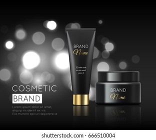 A beautiful luxury cosmetic templates for ads, realistic 3d black matte tube and cosmetic bank on bokeh background ready for design and print. Beauty natural products. Vector, eps10