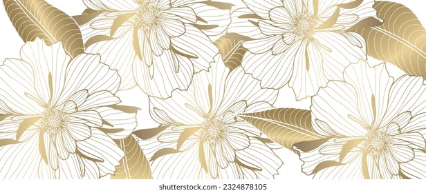 Beautiful luxury golden floral background with lush peonies and golden leaves. Background for decor, postcards, wallpapers, covers, social media posts.