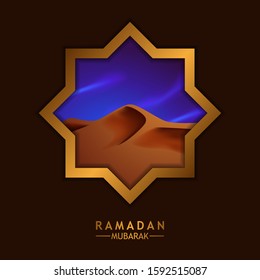 beautiful luxury golden frame star windows with illustration of arabian middle east desert scene for ramadan mubarak poster banner template