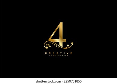 
bonito diseño de logo dorado número 4 con adorno florido. monograma 4. adecuado para logotipos de empresas, empresas, productos, vivienda, hoteles, cumpleaños, celebraciones, aniversarios, edades, etc.