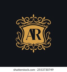 Beautiful luxury letter AR in shield and Abstract Plant. Initial Identity Letter in Gold color Logo vector template