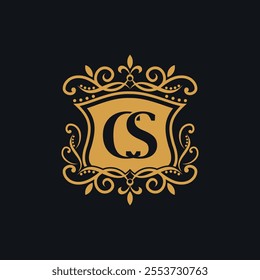 Beautiful luxury letter CS in shield and Abstract Plant. Initial Identity Letter in Gold color Logo vector template