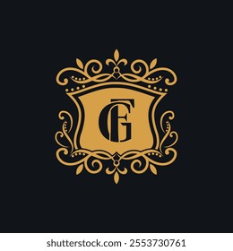 Beautiful luxury letter FG or GF in shield and Abstract Plant. Initial Identity Letter in Gold color Logo vector template