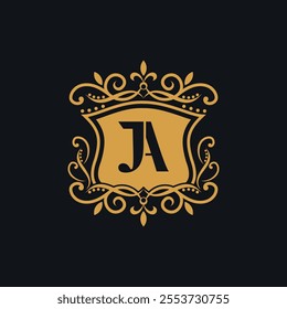 Beautiful luxury letter JA in shield and Abstract Plant. Initial Identity Letter in Gold color Logo vector template