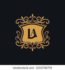 Beautiful luxury letter LA in shield and Abstract Plant. Initial Identity Letter in Gold color Logo vector template