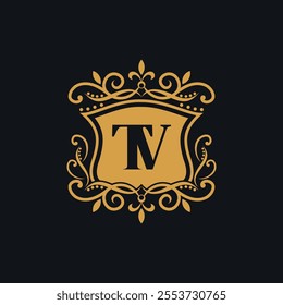 Beautiful luxury letter TV in shield and Abstract Plant. Initial Identity Letter in Gold color Logo vector template