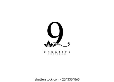 beautiful luxury logo design black number 9 with gorgeous flourish ornament. monogram typography number 9 with black leaf and floral ornament decoration