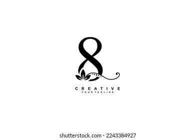 beautiful luxury logo design black number 8 with gorgeous flourish ornament. monogram typography number 8 with black leaf and floral ornament decoration
