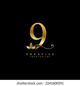 
beautiful luxury logo design golden number 9 with gorgeous flourish ornament. monogram typography number 9 with gold leaf and floral ornament decoration