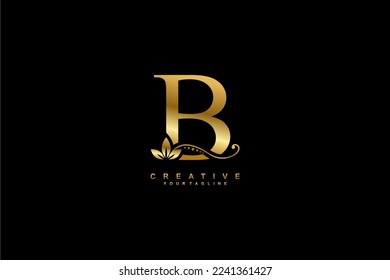 
schönes luxuriöses Logo Design Erstgoldener Buchstabe B mit prächtigen blühenden Ornamenten. Monogramm-Typografie-Buchstabe B mit Goldblatt- und Blumendekoration