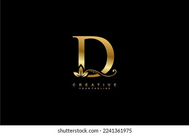 
diseño de un bonito logotipo de lujo letra dorada D inicial con magnífico adorno florido. letra D de tipografía monográfica con decoración de ornamentos dorados y florales