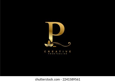 
beautiful luxury logo design initial golden letter P with gorgeous flourish ornament. monogram typography letter P with gold leaf and floral ornament decoration