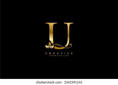 
diseño de un bonito logotipo de lujo letra dorada inicial U con magnífico adorno florido. letra de tipografía monogramo U con decoración de ornamento dorado y floral