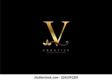 
beautiful luxury logo design initial golden letter V with gorgeous flourish ornament. monogram typography letter V with gold leaf and floral ornament decoration