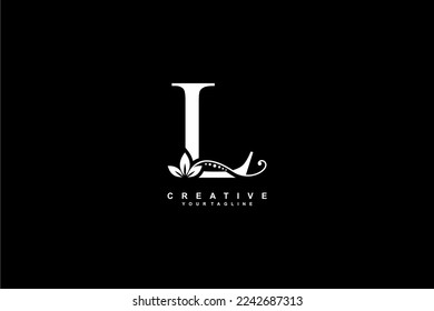 diseño de un bonito logotipo de lujo letra blanca inicial L con magnífico adorno florido. letra de tipografía monográfica L con decoración de ornamentos dorados y florales