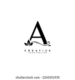 beautiful luxury logo design initial black letter A with gorgeous flourish ornament. monogram typography letter A with black leaf and floral ornament decoration