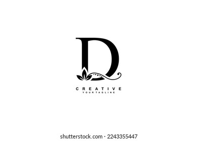 beautiful luxury logo design initial black letter D with gorgeous flourish ornament. monogram typography letter D with black leaf and floral ornament decoration