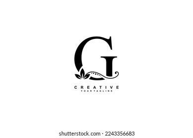 diseño de un bonito logotipo de lujo letra negra inicial G con magnífico adorno florido. letra G de tipografía monográfica con decoración de hojas negras y adornos florales